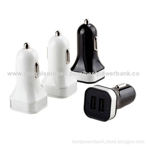 Good Quality 2 USB Car Chargers with Color Aluminum Rim, 12 to 24V DC Input Range for All Smartphone